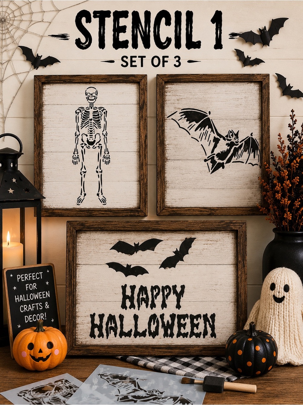 Stencil 1 Halloween Stencil Set of 3 Skeleton Bat Happy Halloween Reusable Paint